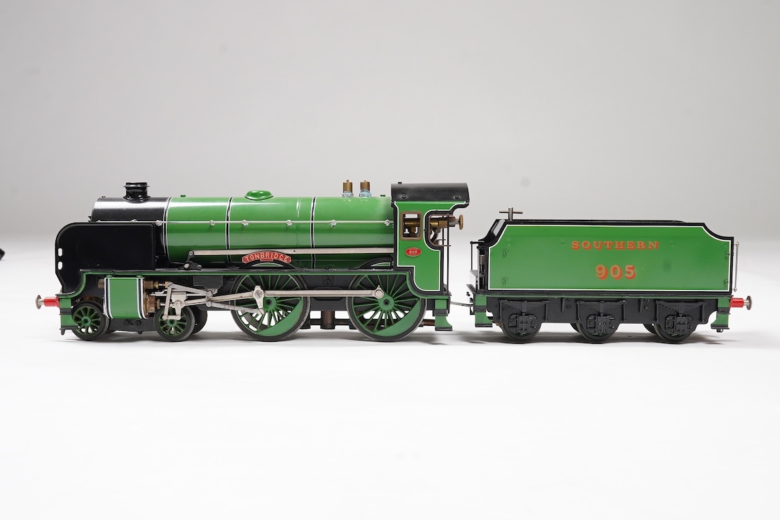 A Gauge One Aster Hobbies live steam Southern Railway Schools Class 4-4-0 tender locomotive, Tonbridge 905, with spirit fired working two cylinder slide valve motion. Together with assembly diagrams and some other paperw